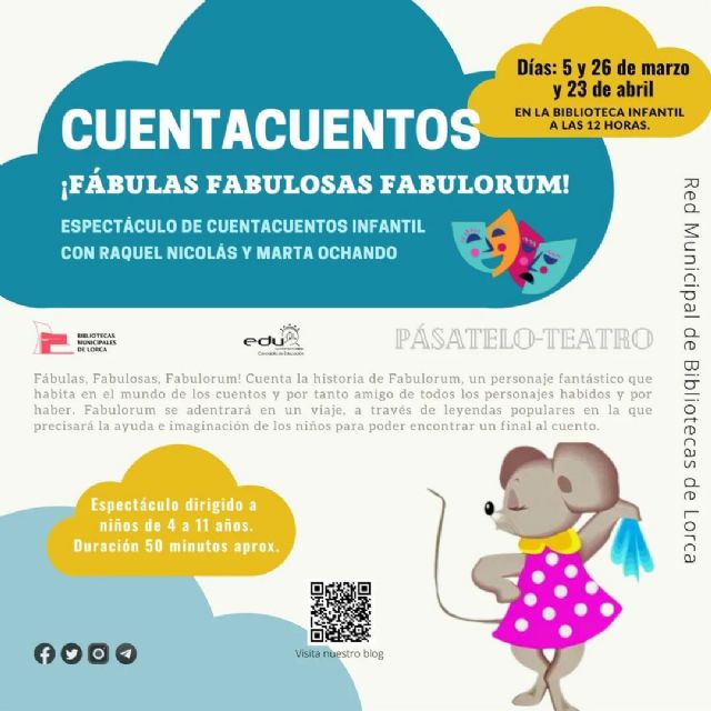 La Red Municipal de Bibliotecas de Lorca organiza una serie de cuentacuentos con el título ¡Fábulas, Fabulosas Fabulorum! para los sábados 5 y 26 de marzo, y 23 de abril