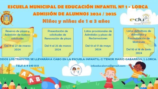 Abierto el plazo de admisión para alumnos de Primer Ciclo de Educación Infantil en la Escuela Municipal N°1 de Lorca