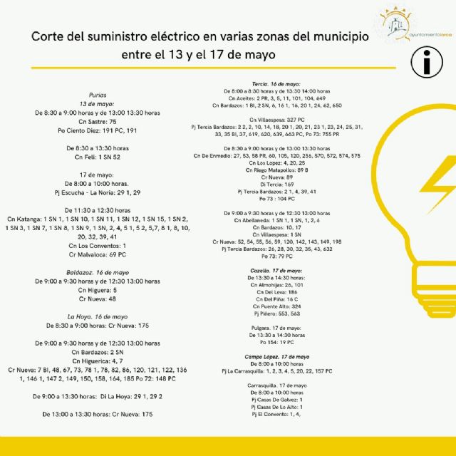 Corte del suministro eléctrico en varias zonas del municipio entre el 13 y el 17 de mayo
