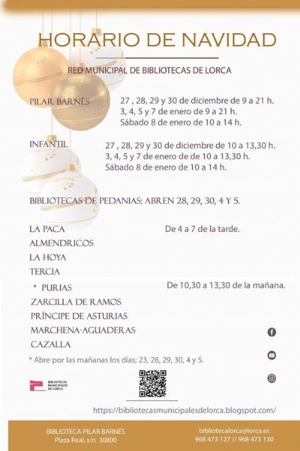La Red municipal de Bibliotecas de Lorca informa de los horarios de sus instalaciones con motivo de las fechas navideñas
