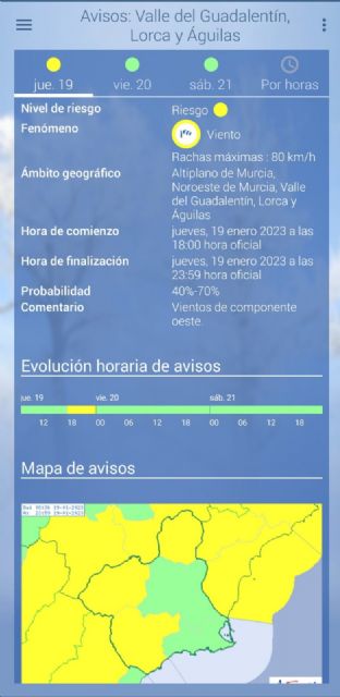 La AEMET activa un nuevo aviso amarillo, entre las 18 y las 23:59 horas de este jueves, en Lorca, por vientos que podrían alcanzar los 80km/h