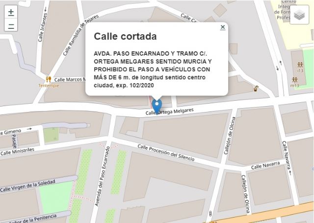 Este viernes están cortadas al tráfico la Avda. Paso Encarnado y la calle Ortega Melgares, sentido Murcia