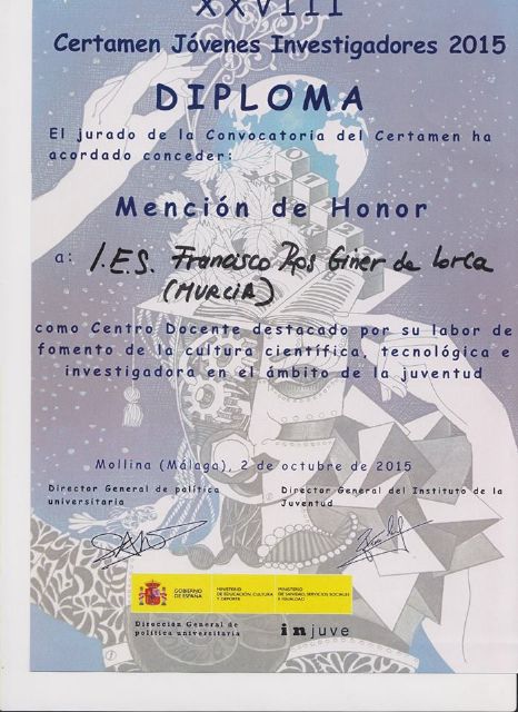 El I.E.S. Francisco Ros Giner y tres de sus alumnos galardonados en el Certámen Nacional de Jóvenes Investigadores