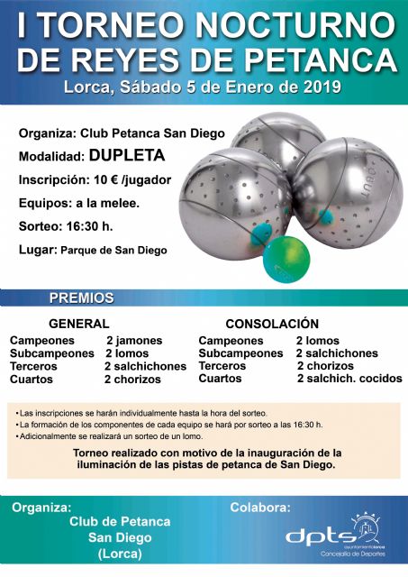 El 'I Torneo de Reyes Nocturno de Petanca' inaugurará la nueva iluminación de las pistas de San Diego este próximo sábado