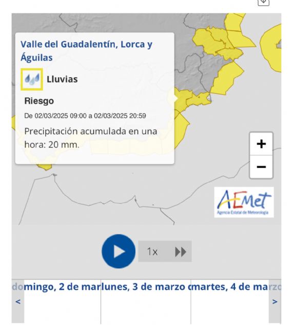 La AEMET amplía hasta las 21 horas de este domingo el nivel amarillo por lluvias en Lorca