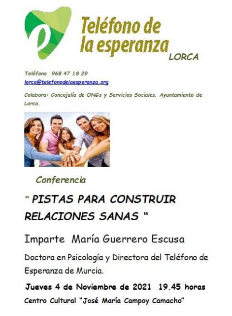 El Teléfono de la Esperanza de Lorca comienza las actividades para el curso 2021-2022 con la charla-taller 'Cómo establecer relaciones sanas'