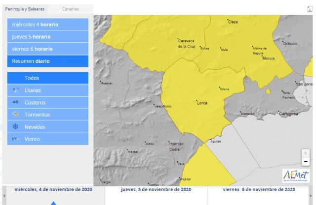 La AEMET activa el aviso amarillo por lluvias en el Valle del Guadalentín, Lorca y Águilas a partir de esta tarde