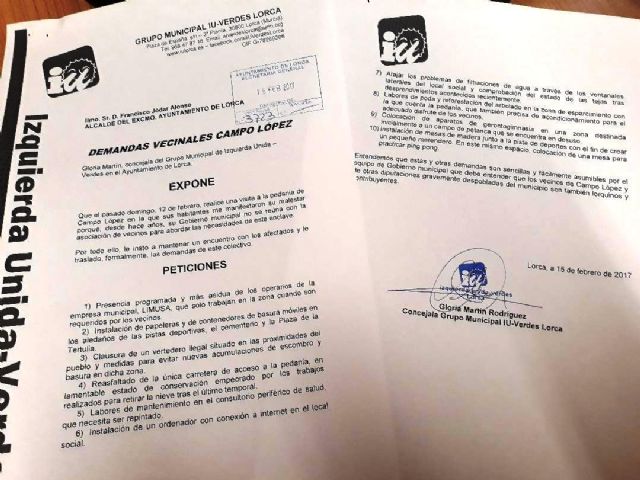 IU-Verdes Lorca celebra que el PP haya escuchado sus peticiones para la pedanía de Campo López