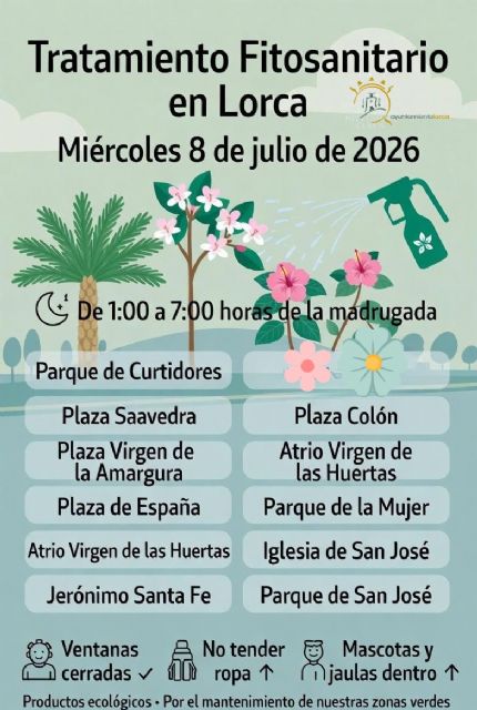 El Ayuntamiento realizará la madrugada de este miércoles un tratamientofitosanitarioen distintas zonas verdes de Lorca