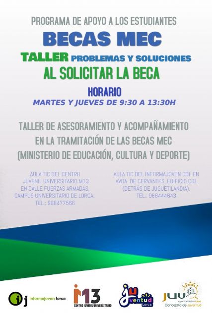 El Ayuntamiento pone en marcha, a través de la Concejalía de Juventud, el 'Taller: problemas y soluciones al solicitar la beca' para orientar a los jóvenes durante los pasos de este proceso