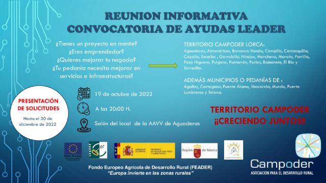El local social de Aguaderas acoge, el 19 de octubre, una sesión informativa sobre la convocatoria Campoder Ayudas Leader 2022 y cómo beneficiarse de ellas