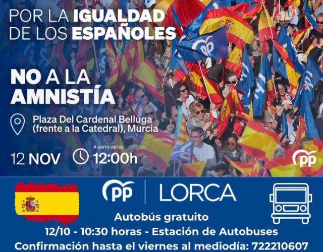 El PP de Lorca pondrá un autobús gratuito para asistir a la manifestación del domingo en Murcia contra la amnistía