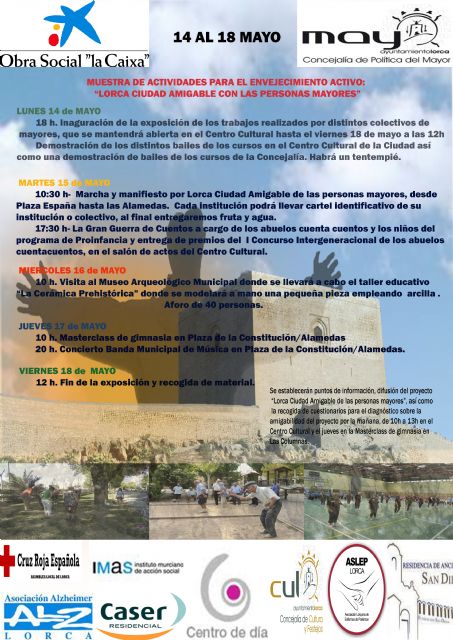 La Muestra de Actividades para el Envejecimiento Activo ofrecerá 8 actividades del 14 al 18 de mayo para que los mayores lorquinos disfruten de su ocio
