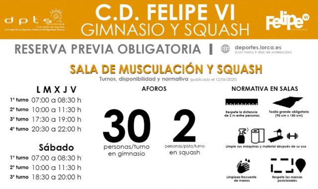 El Complejo Deportivo Felipe VI reanuda las actividades dirigidas y reabre la sala de musculación y las pistas de squash, este viernes