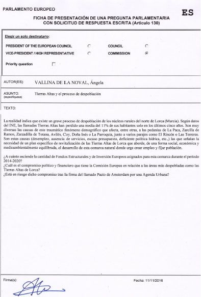 Izquierda Unida lleva al Parlamento Europeo la situación de las Tierras Altas de Lorca