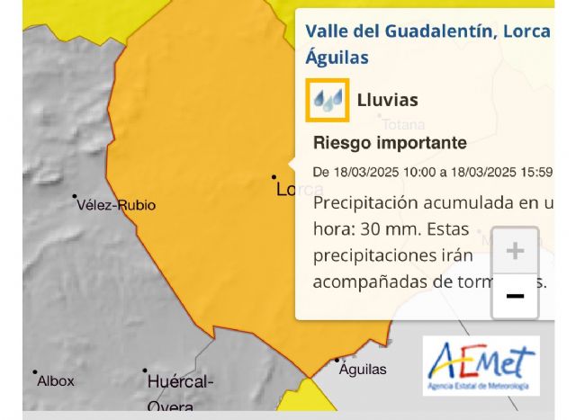 La AEMET activa en Lorca el nivel naranja por lluvias y tormentas