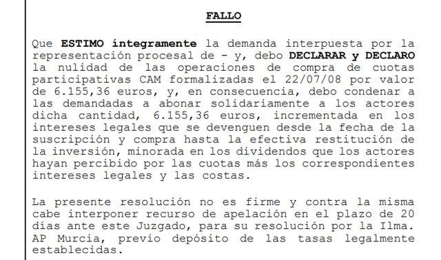 Un Juzgado da la razón a un vecino de Lorca y recupera más de 6.000€ invertidos en cuotas participativas