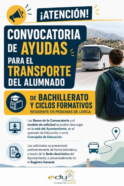 Abierto el plazo para solicitar lasayudasaltransportepara alumnos de Bachillerato y Ciclos Formativos residentes en las pedanías de Lorca
