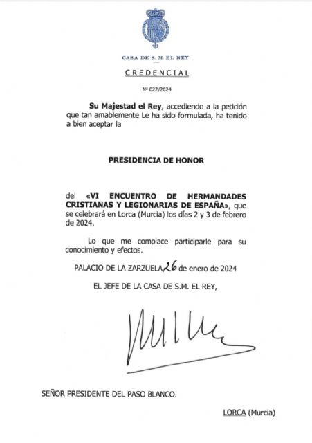El Rey acepta la presidencia de honor del VI Congreso de Hermandades Cristianas vinculadas a La Legión