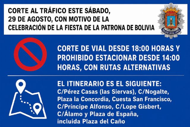 Corte al tráfico este sábado, 29 de agosto, con motivo de la celebración de la fiesta de la Patrona de Bolivia