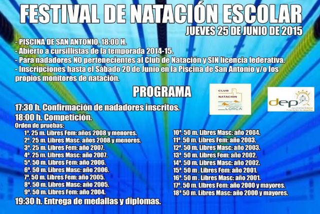 La Concejalía de Deportes y el Club Natación Lorca organizan el Festival Escolar de Natación que se celebrará el 25 de junio en la piscina de San Antonio