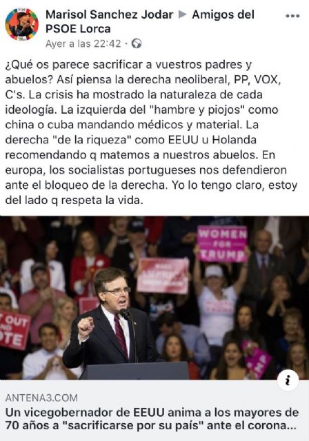 El PP de Lorca exige una rectificación pública inmediata del PSOE lorquino y de su diputada nacional, tras acusar de genocidas a PP, Vox y Ciudadanos