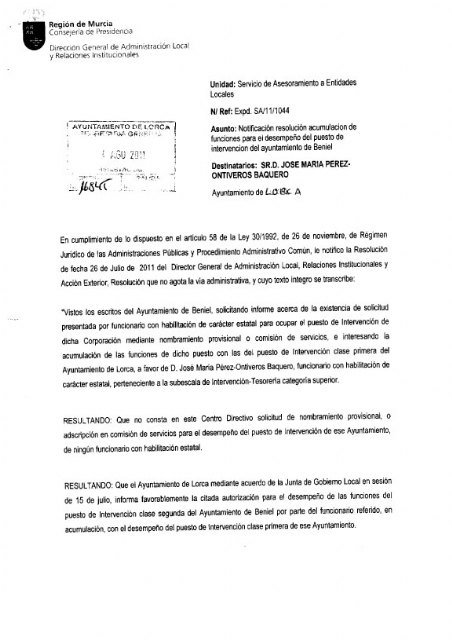 El Ayuntamiento de Lorca rechaza el nuevo ataque de Ciudadanos contra funcionarios municipales