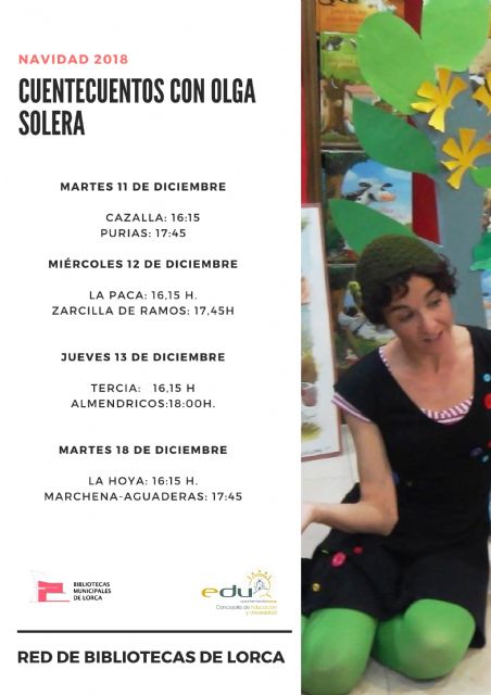 Las bibliotecas de pedanías acogerán 8 sesiones de cuentacuentos durante los próximos días protagonizadas por la actriz Olga Solera