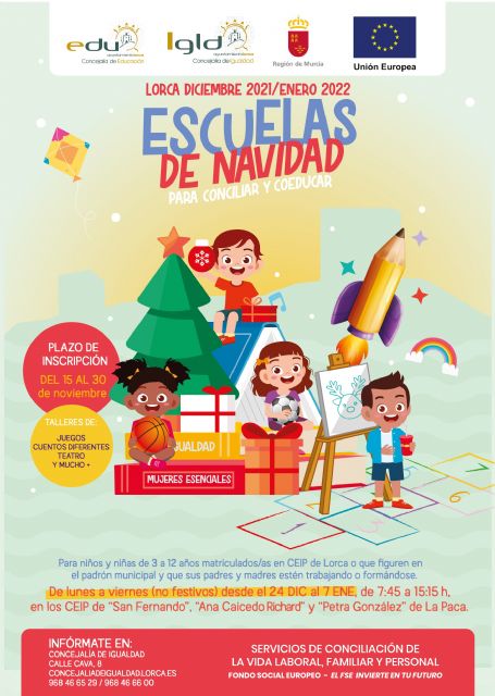 El Ayuntamiento de Lorca oferta un total de 135 plazas para las 'Escuelas de Navidad para Conciliar y Coeducar' que se desarrollarán del 24 de diciembre al 7 de enero