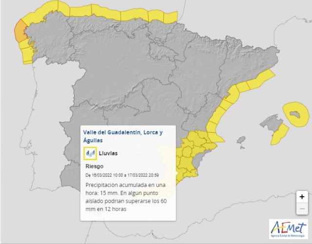 La Agencia Estatal de Meteorología activa el aviso amarillo por lluvias en Lorca