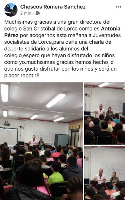 'Indignación ante la publicación en RRSS de charlas impartidas por Juventudes Socialistas, plataforma juvenil del PSOE lorquino, en un colegio local'