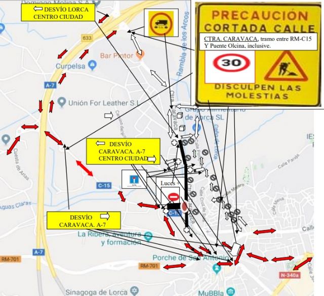 La Policía Local de Lorca establece medidas especiales de circulación en la intersección entre la carretera  Vieja del Pantano y la de Caravaca