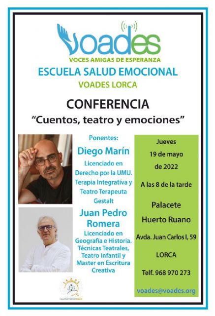 El colectivo VOADES Lorca organiza la conferencia 'Cuentos, teatro y emociones' para este jueves en el Huerto Ruano