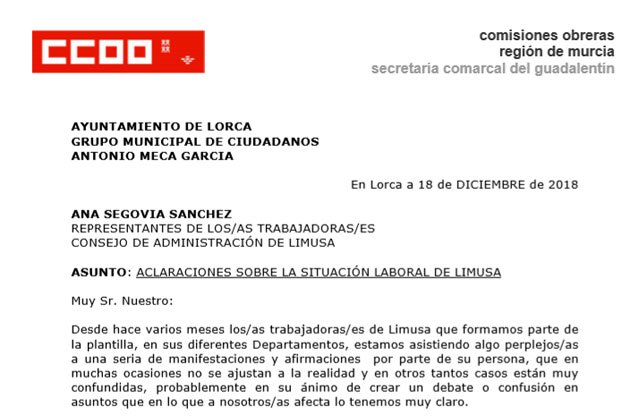 CCOO hace pública una carta para aclarar la situación laboral en Limusa