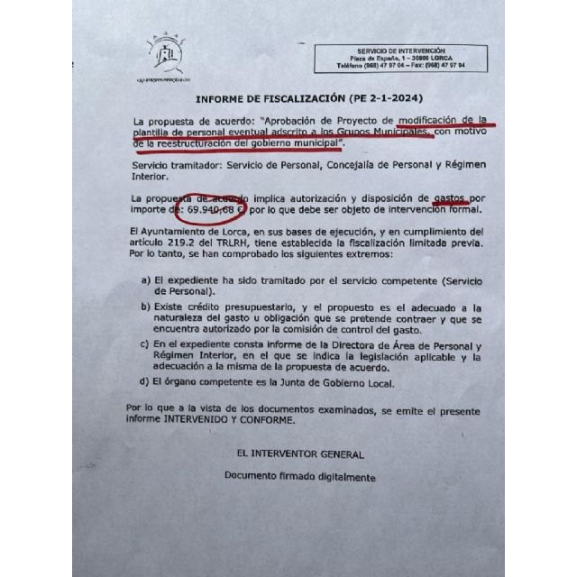 Un informe revela que los lorquinos tendremos que pagar 70.000 euros más para pagar a los tres nuevos asesores que Fulgencio Gil le ha concedido a la extrema derecha
