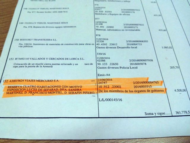 El PP de Lorca se niega a dar información sobre una factura de 4.500 euros por cuatro habitaciones de hotel para miembros del Gobierno local y personal de confianza
