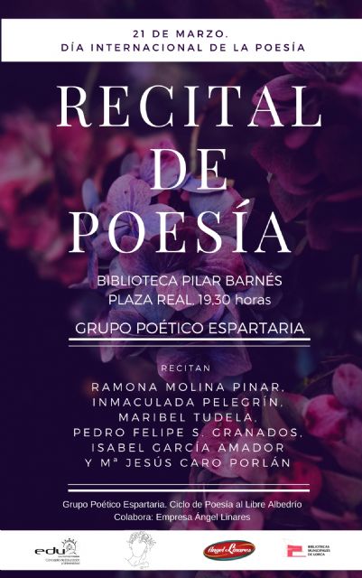 Lorca conmemora el Día Internacional de la Poesía este miércoles con un recital en la Biblioteca Pilar Barnés de 6 poetas locales
