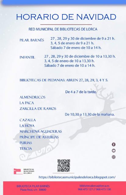 La Red municipal de Bibliotecas de Lorca informa de los horarios de sus instalaciones con motivo de la Navidad