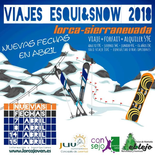 La Concejalía de Juventud programa nuevos viajes a la nieve durante el mes de abril para que los jóvenes lorquinos puedan practicar esquí y snow a precios muy reducidos