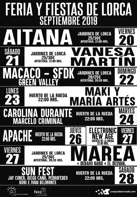 Aitana, Vanesa Martín, Marea, Macaco, SFDK o Green Valley forman parte de los conciertos de la Feria de Lorca 2019