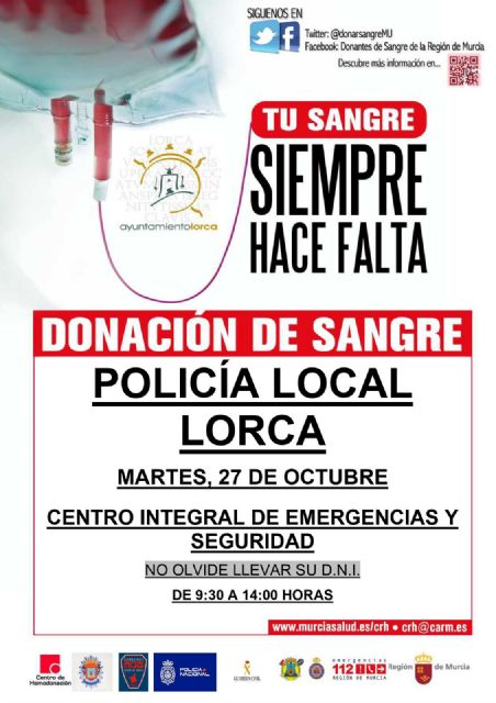 Policía Local de Lorca y el Servicio de Emergencias Municipal y Protección Civil organizan una donación de sangre en colaboración con el Centro Regional de Hemodonación