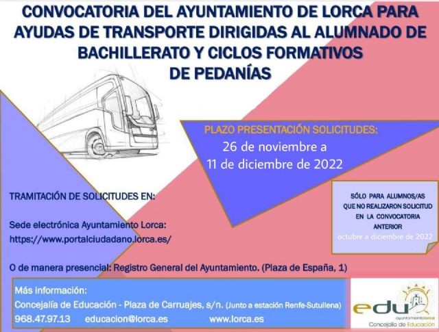 El Ayuntamiento de Lorca informa de la apertura del plazo para solicitar ayudas al transporte para alumnos y alumnas de Bachillerato y FP residentes en pedanías del municipio