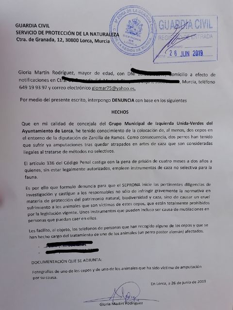 IU Lorca denuncia la colocación de cepos ilegales en Zarcilla de Ramos