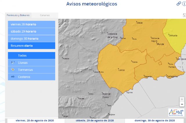 La Agencia Estatal de Meteorología activa para este sábado en Lorca aviso naranja por tormentas y amarillo por precipitaciones